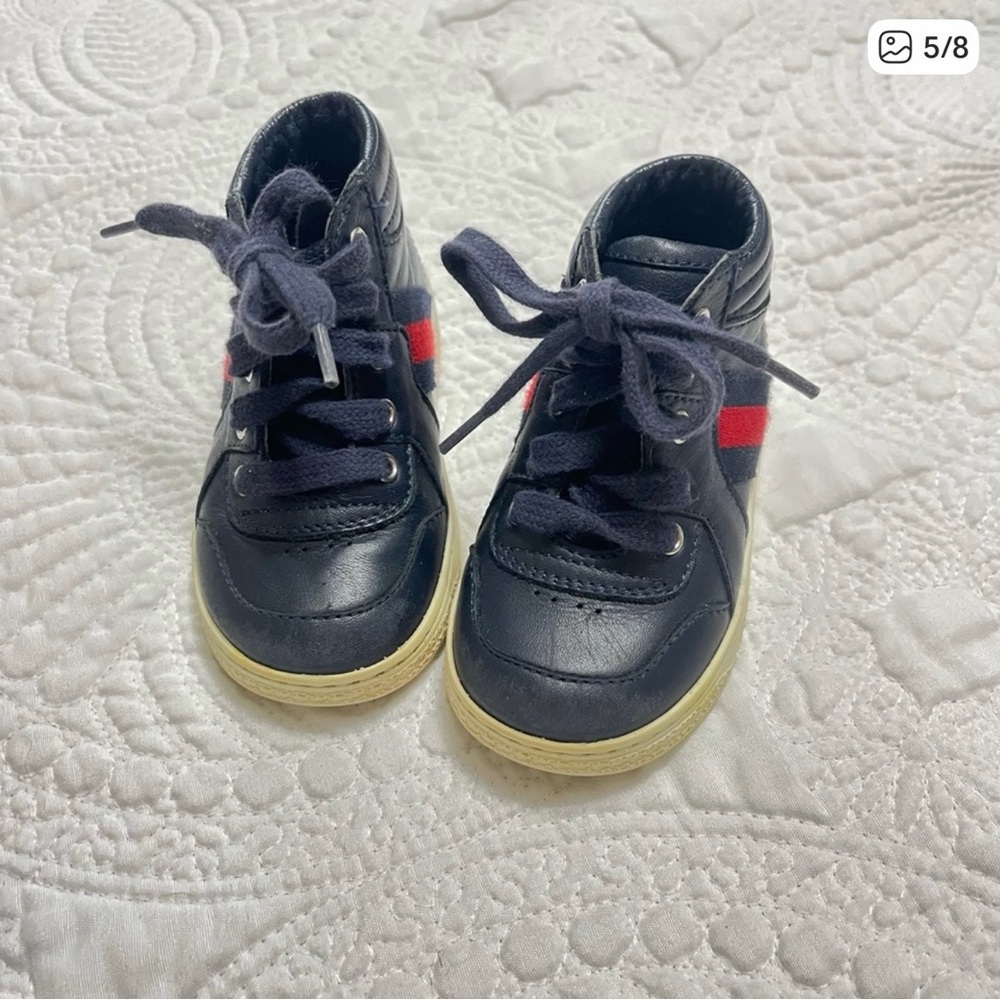 GUCCI Toddler High Top Sneakers Ace Web Navy Blue Leather Kid Size 21 - Picture 5 of 8
